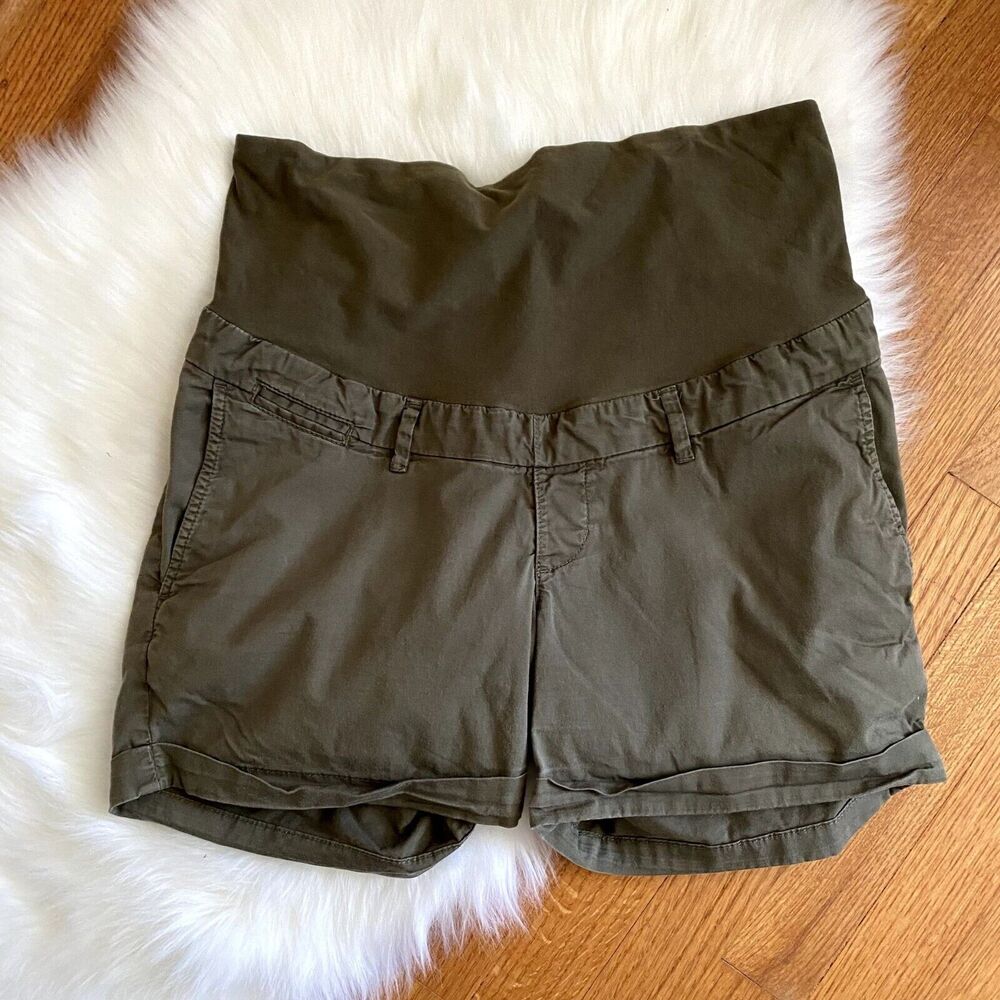 H&M Mama Size 14 Maternity Short Shorts OD Green Pockets Belt Loops Rolled Cuff